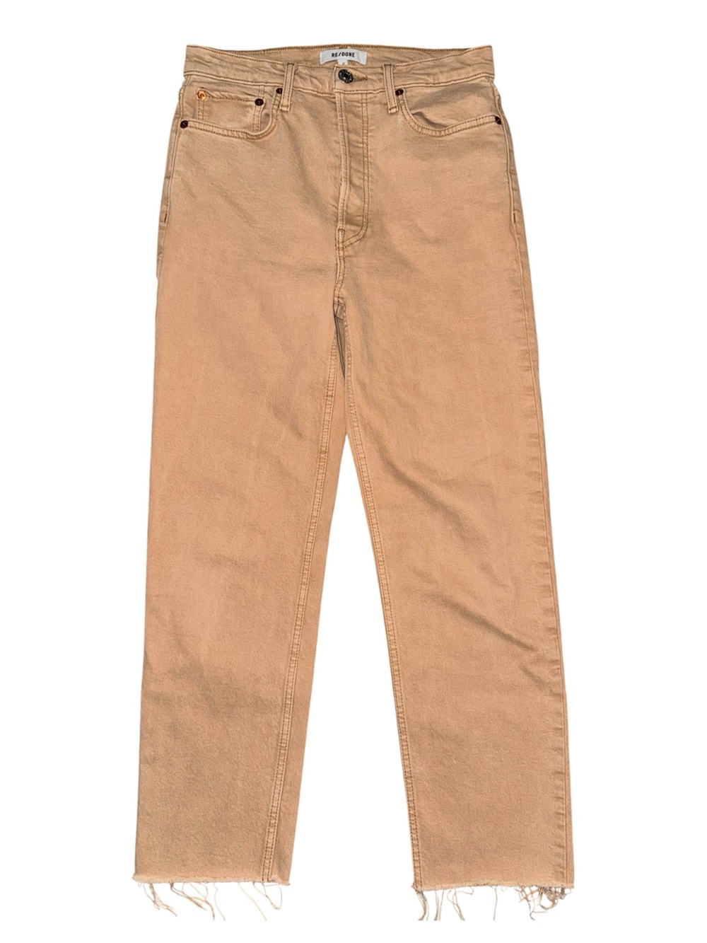 RE/DONE 70s Stovepipe Jeans Washed Khaki High Rise Cropped Raw Hem Size 27 EUC